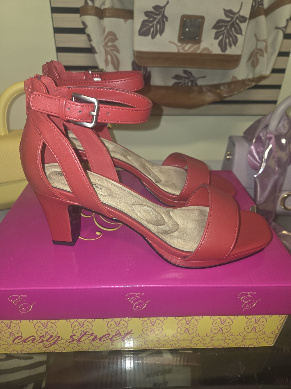 Womens All Red Open Toe Ankle Strap Buckle Short Block Heels